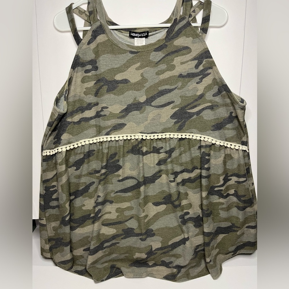 Heimish USA Camouflage Print Oversized Tank Top PomPom Lace Size XL
